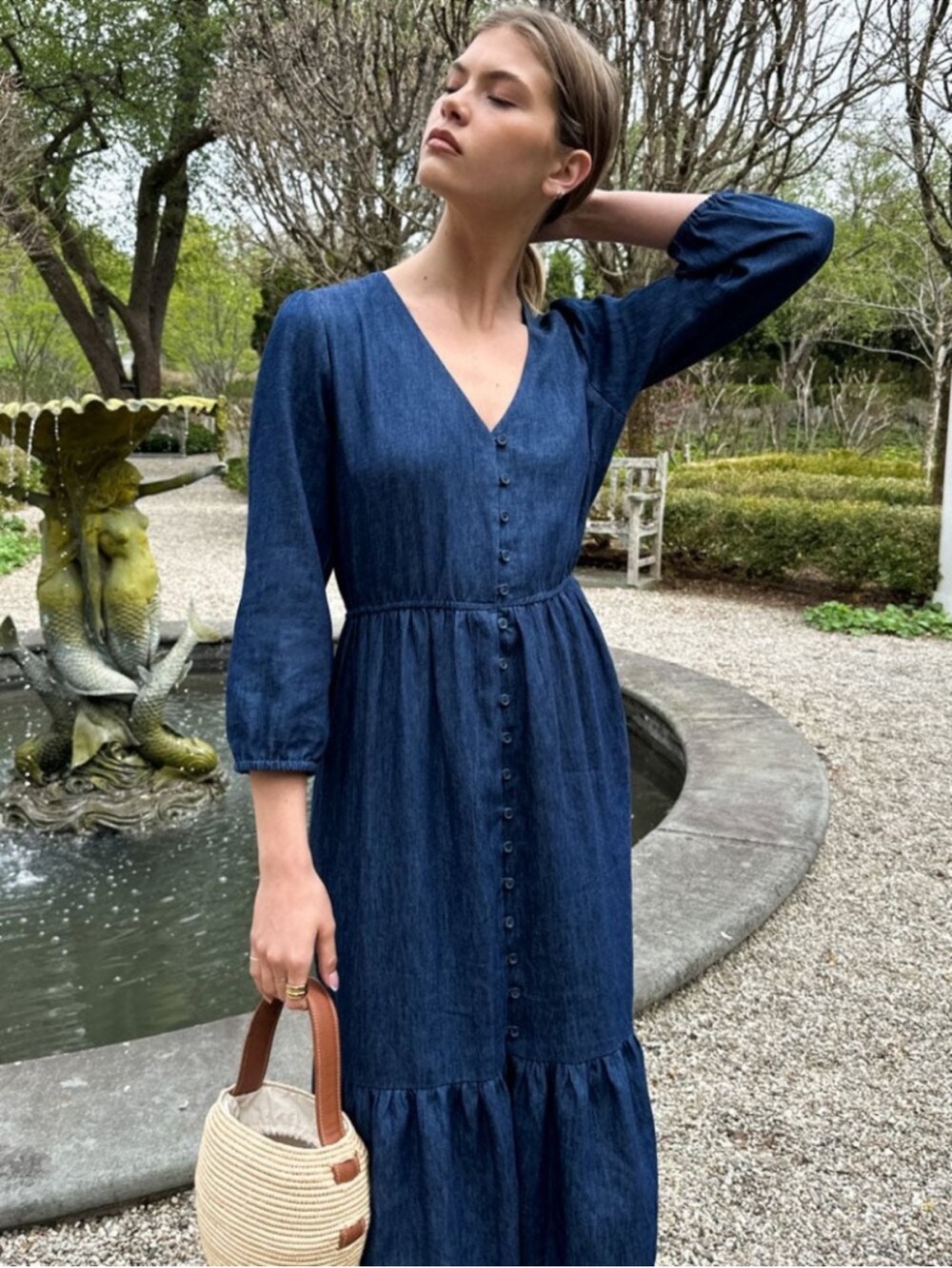 Emerson Fry Indigo Atelier Tier Dress Cotton Hemp Blue Midi Pockets Size XS NWT